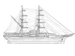 Sailing ship line drawing, side view, maritime