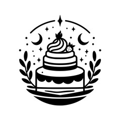 Celestial Celebration Cake: A whimsical black and white image of a multi-layered cake adorned with swirls and botanical elements, crescent moons, and stars.