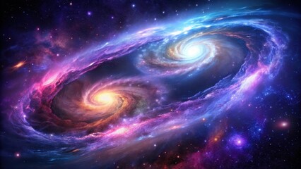 Cosmic Dance Two Spiral Galaxies Intertwined in a Celestial Ballet of Vibrant Hues and Stellar Dust