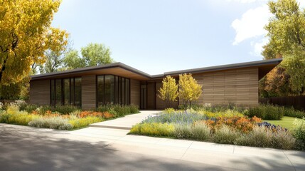 House surrounded by lush plants and trees emphasizing sustainable energy and green living environment