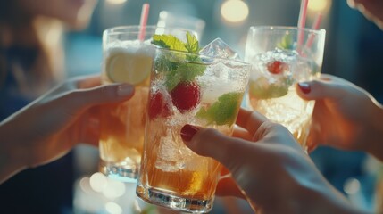 Friends toasting refreshing cocktails outdoors at sunset