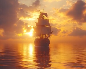 Fototapeta premium Sailing Ship Sunset Seascape