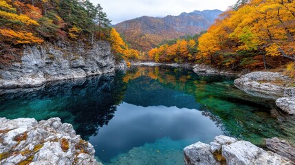 Fototapeta premium Autumn lake nestled in rocky mountains, tranquil reflection, scenic beauty