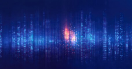 Abstract City Skyline in Blue Pixelated Blocks with Neon Lights and Gradient Background for Business Technology