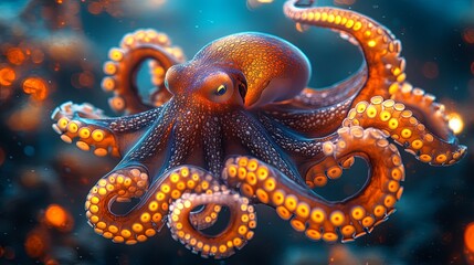 Obraz premium Ancient octopus with glowing tentacles in a prehistoric underwater setting, symbolizing deep-sea discovery.