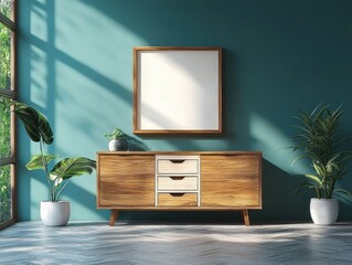 Minimalist Wooden Cabinet and Blank Frame in Modern Scandinavian Interior with Teal Wall and Natural Light