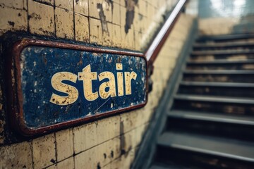 Aged Indoor Staircase with Vintage Sign Indicating Stair Location in a Dimly Lit Environment, Featuring a Rustic and Grunge Aesthetic in Urban Setting