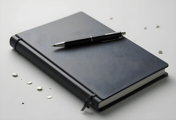 A pen on a closed notebook, placed on a clean surface. Soft lighting highlights a minimalist workspace concept, emphasizing organization, writing, and productivity.