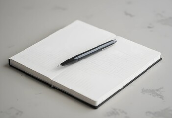 A pen on a closed notebook, placed on a clean surface. Soft lighting highlights a minimalist workspace concept, emphasizing organization, writing, and productivity.