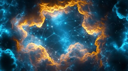 Abstract Cosmic Nebula Blue and Gold Swirling Clouds, Starry Center