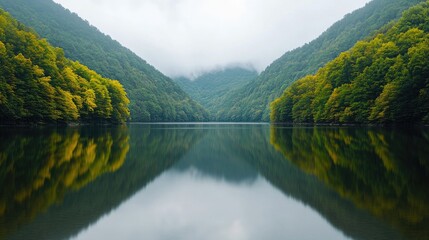 Calm lake mirroring autumn hills; misty valley landscape; serene nature scene; travel poster
