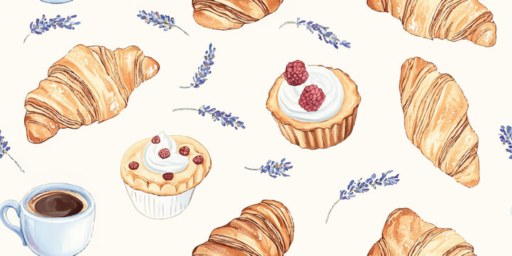 Watercolor breakfast seamless pattern. Food repeat background for kitchen, design, textile, packaging, fabric, wallpaper, packaging, branding, stationery, wrapping paper, interior decor