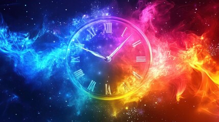 Obraz premium Cosmic dance of time colorful clock in space digital art surreal environment