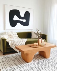 Cozy bright living room, olive green velvet sofa draped with thick chunky knit blankets, geometric black and white wall mural, sculptural wooden coffee