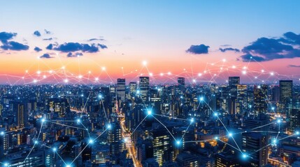 Fototapeta premium Urban connectivity digital networking revolutionizes city life at sunset