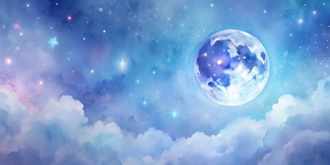 Celestial Dreamscape A Serene Watercolor Painting of a Full Moon, Stars, and Fluffy Clouds in a Night Sky