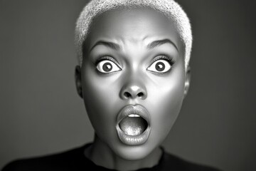 Short coiffure - blond hair. Commercial commercial creative. Stunning very startled black girl - for ads, media and online marketing banner use. Artistic black portrait. African woman elegance.