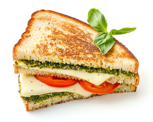 A delicious grilled sandwich filled with tomatoes, cheese, and pesto, garnished with fresh basil leaves.