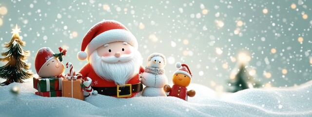 Christmas Scene with Santa Claus, Elf, Snowman, and Holiday Decorations in a Colorful Cartoon Style