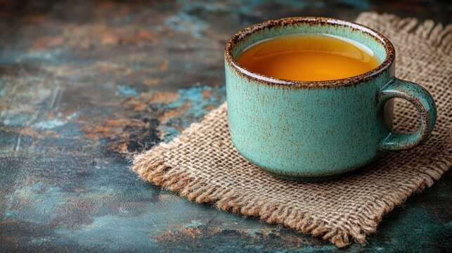Teal teacup, burlap, rustic table, warm drink, food blog