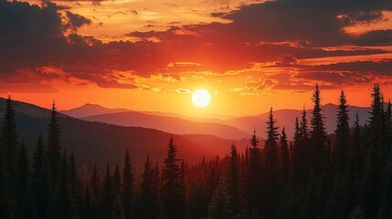 Obraz premium Fiery sunset over silhouetted mountain range and coniferous forest.