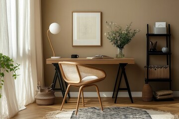 Minimalist Scandinavian Workspace with Wooden Desk and Rattan Chair Featuring Floral Arrangement and Geometric Carpet