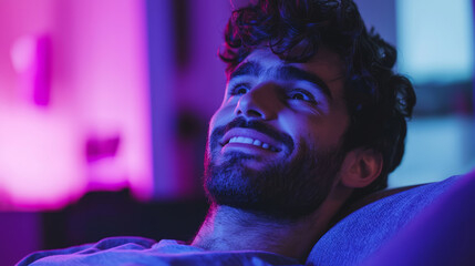 Close up of a happy man with short, curly hair and a beard sitting on a couch in a living room, generative AI