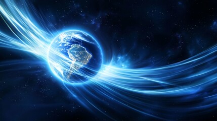 Obraz premium Earth's magnetic field shifts dramatically, aurora glows in the background, revealing scientific discovery.