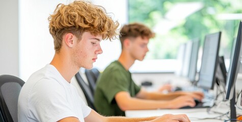 Two young men focused on working at computers in bright office setting