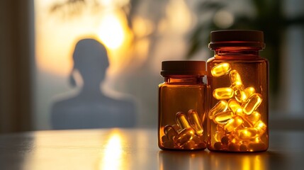 Elegant pill bottles with glowing vitamins against a serene aging face, symbolizing a healthy lifestyle.