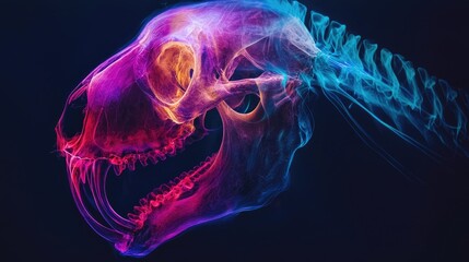 Colorful rendering of a skull and spine against dark background