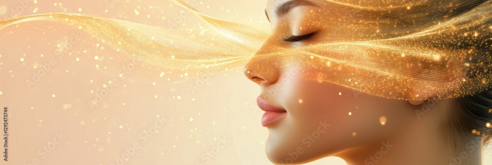 Poster golden lines flow around a young womans face symbolizing the lifting effect of advanced cosmetic pro