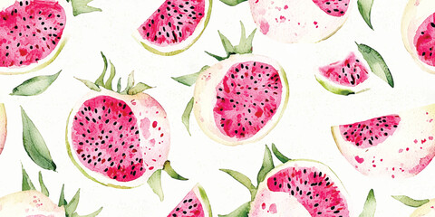 Watercolor dragon fruit seamless pattern. Exotic pitaya repeat background for summer, kitchen, design, textile, packaging, fabric, wallpaper, packaging, branding, stationery, wrapping paper, interior