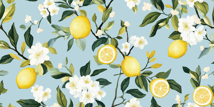 Watercolor lemon seamless pattern. Elegant citrus repeat background for summer, kitchen, design, textile, packaging, fabric, wallpaper, packaging, branding, stationery, wrapping paper, interior decor