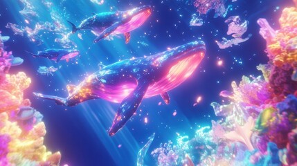 Majestic whales swimming in colorful coral reef underwater scene vibrant environment