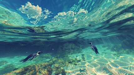Fototapeta premium Underwater Penguin Paradise: A Breathtaking View of Penguins Swimming in Crystal Clear Waters