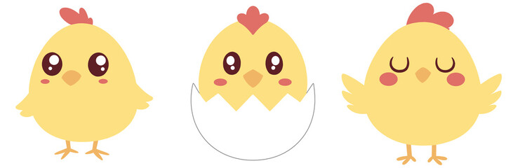 Set of cute yellow little cartoon chick isolated on background.