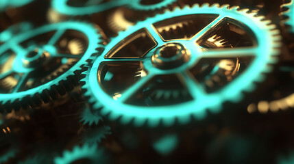 Closeup of intricately detailed metallic gears, glowing teal, interlocked and moving in perfect synchronization.