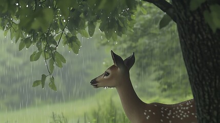 A young deer stands beside a tree, rain falling, surrounded by lush green foliage and soft light filtering through the leaves