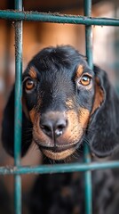 Puppy in cage, sad look, shelter background, animal rescue