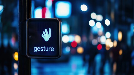 A Night Street Scene Capturing a Gesture-Controlled Traffic Signal Device with Blurred Urban City Lights in the Background