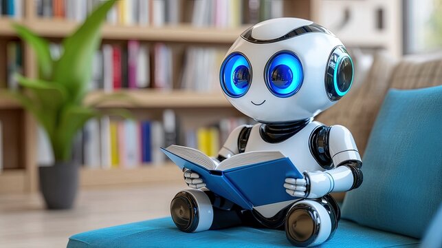 Cute robot reading a blue book in a modern cozy interior setting