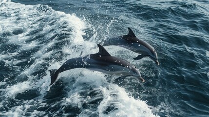 Naklejka premium Dolphins leaping playfully in the ocean waves. A breathtaking spectacle of marine wildlife in their natural habitat.