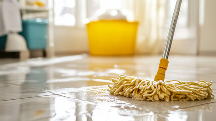 Mop cleaning dirty tiled floor realistic image. Vector top view illustration of bathroom surface shining, sparkling after washing with sanitizing detergent. Domestic hygiene. Housework equipment