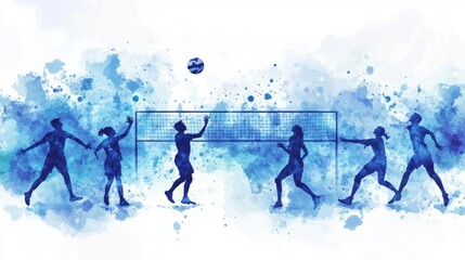 Watercolor Silhouette of Volleyball Players in Action
