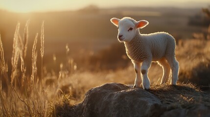 Fototapeta premium A young sheep standing on a rocky outcrop during sunset, surrounded by tall grass and a soft golden light illuminating its wool
