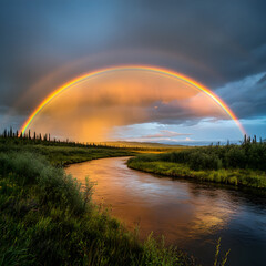 Naklejka premium Rare Encounter: Double Rainbow Over Pristine Wilderness Creates a Magical and Awe-Inspiring Scene