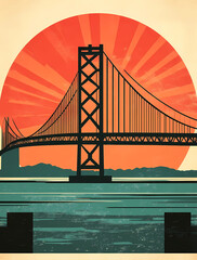 A bridge spans a body of water with a sunset in the background