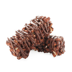 Delicious chocolate puffed rice bars isolated on white