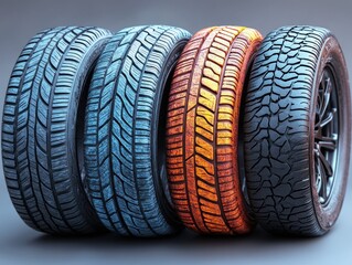 Obraz premium Dynamic Composition of Various Tires with Tread Patterns and Colors on White Background